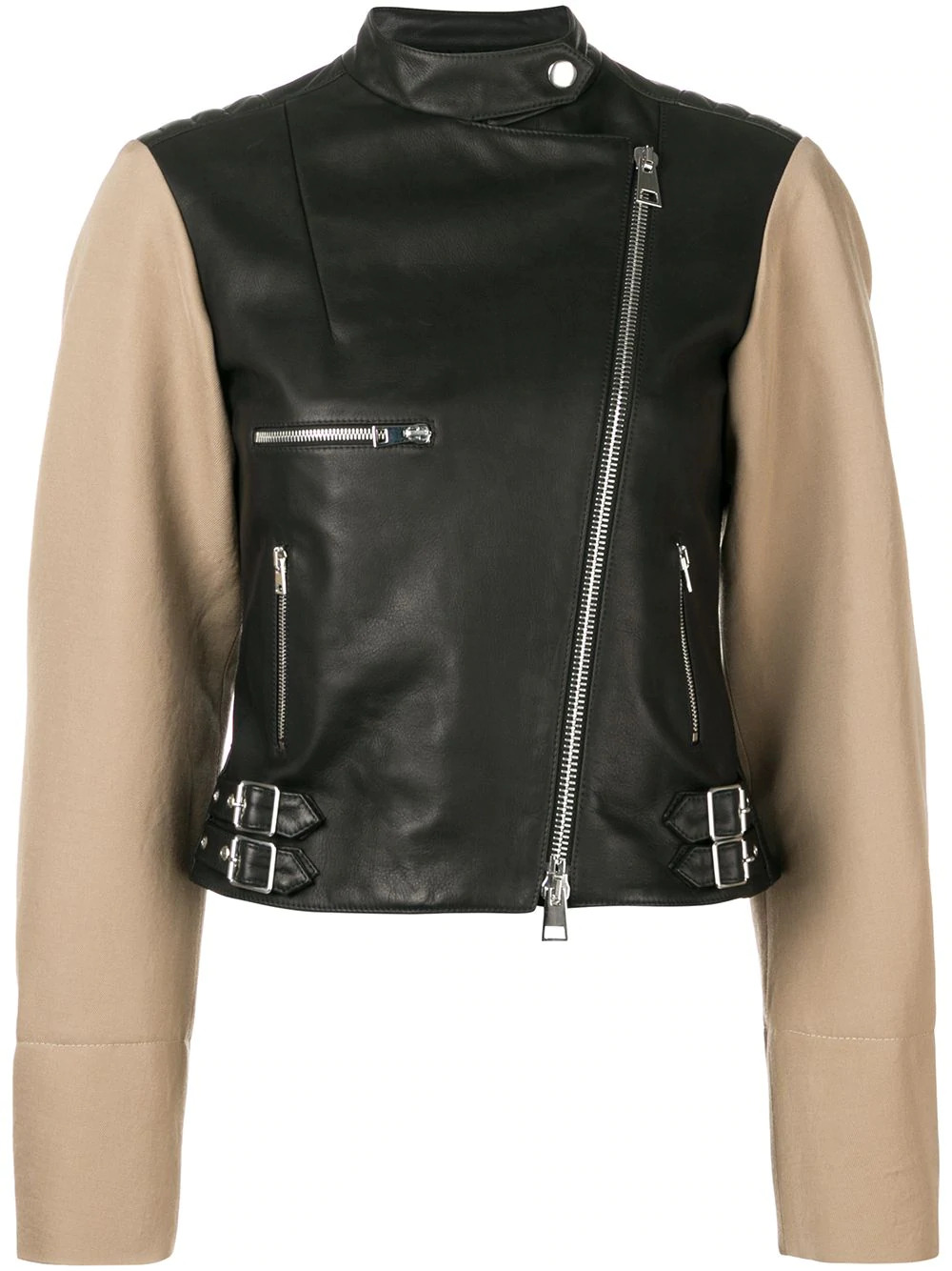Women's leather biker jacket with contrast sleeves and silver zippers, offering bold streetwear style. Women's leather biker jacket with contrast sleeves and silver zippers, offering bold streetwear style.