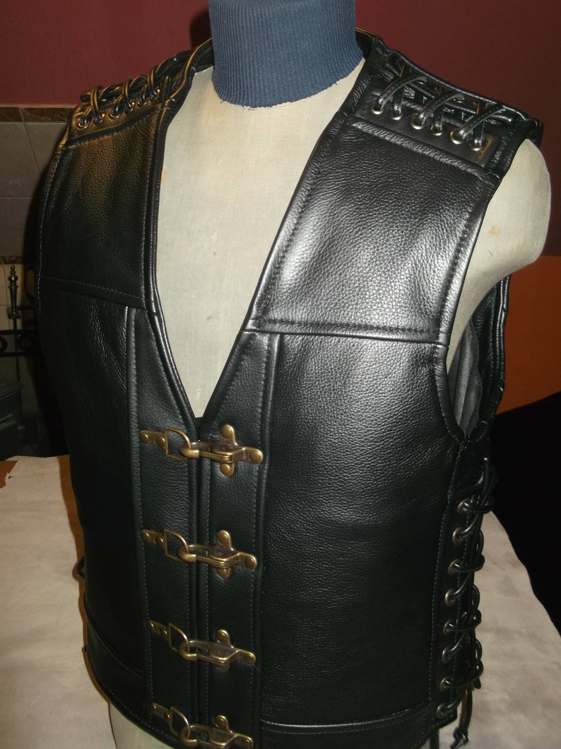 handmade-black-genuine-leather-biker-vest Handmade Black Genuine Leather Biker Vest. - Image 1