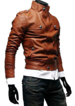 Handmade men's slim fit biker leather jacket with sleek design and silver zippers.