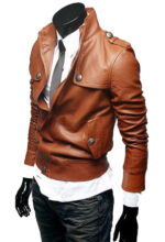 brown slim fit leather jacket for men with classic biker styling and handcrafted quality.