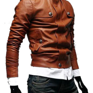 Handmade men's slim fit biker leather jacket with sleek design and silver zippers.