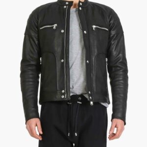 Men Black Authentic Cow Skin Front Button Flap Zipper Leather Jacket