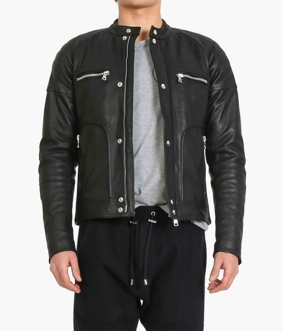 men-black-authentic-cow-skin-front-button-flap-zipper-leather-jacket Men Black Authentic Cow Skin Front Button Flap Zipper Leather Jacket - Image 1