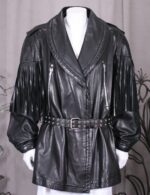 Black motorcycle coat with dramatic fringe details and zippered front for a stylish, rebellious vibe.