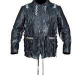 Men's Native American Black Cow Leather Jacket With Fringes beads