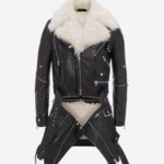 Men’s shearling-lined leather biker jacket with asymmetrical zipper and rugged winter styling.
