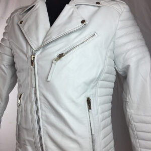 Genuine white lambskin leather jacket for men featuring classic motorcycle styling.