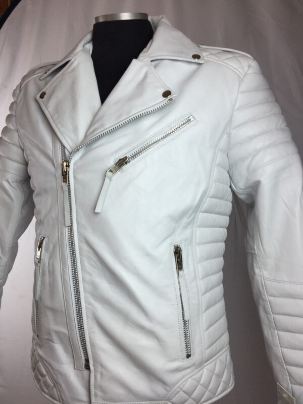 Genuine white lambskin leather jacket for men featuring classic motorcycle styling.