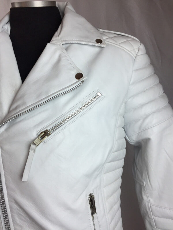 Stylish men's biker jacket made from real white lambskin leather with modern detailing.
