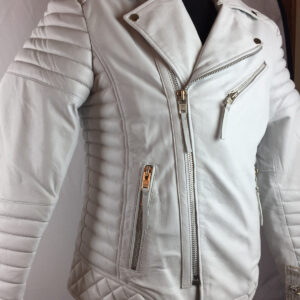 Men’s white lambskin leather biker jacket with silver zippers and a sleek, tailored fit.