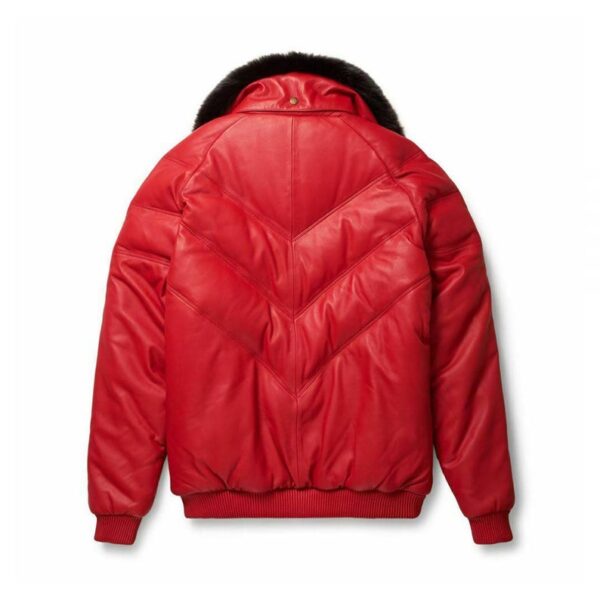 Red Bomber Leather Jacket With Black Fox Fur - Image 2