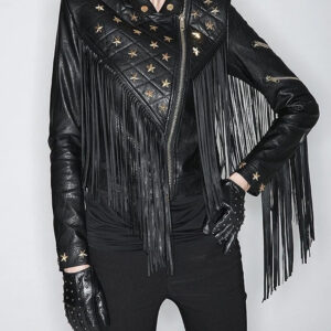 Black fringed moto jacket with decorative star beads, combining edgy and feminine design.
