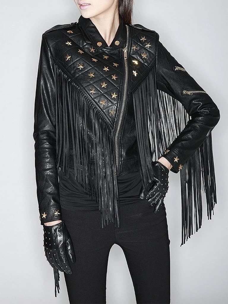 Black fringed moto jacket with decorative star beads, combining edgy and feminine design. Black fringed moto jacket with decorative star beads, combining edgy and feminine design.