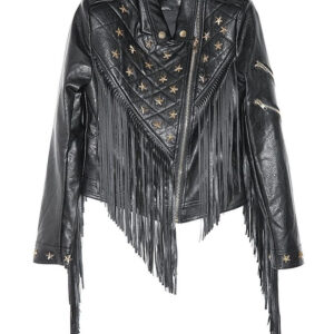 Star-beaded leather biker jacket for women featuring fringe accents and a tailored silhouette.