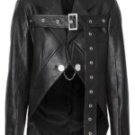 Women's black leather biker jacket with belted waist and silver zippers for a sleek, edgy look.