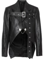 Women's black leather biker jacket with belted waist and silver zippers for a sleek, edgy look.