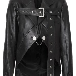 Women's black leather biker jacket with belted waist and silver zippers for a sleek, edgy look.