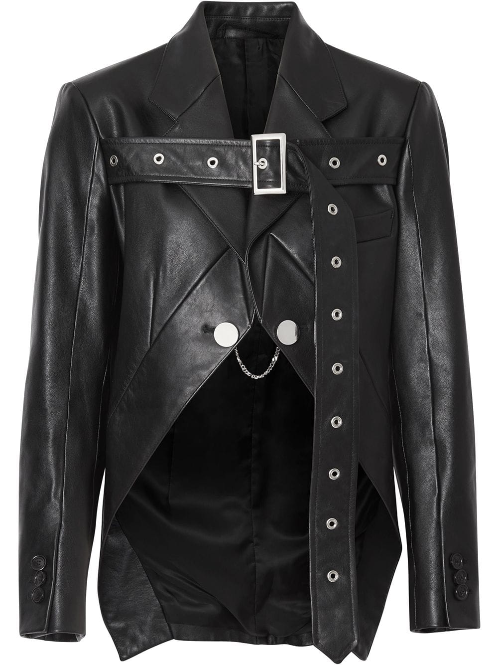 Women's black leather biker jacket with belted waist and silver zippers for a sleek, edgy look. Women's black leather biker jacket with belted waist and silver zippers for a sleek, edgy look.