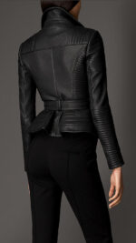 Fitted black leather biker jacket for women with sleek silhouette and durable finish.