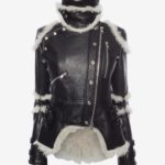 Classic black motorcycle jacket for women featuring a notched collar and belted waist.