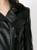 Women's Black Fur Collar Leather Jacket - Image 5