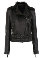 Women's Black Fur Collar Leather Jacket