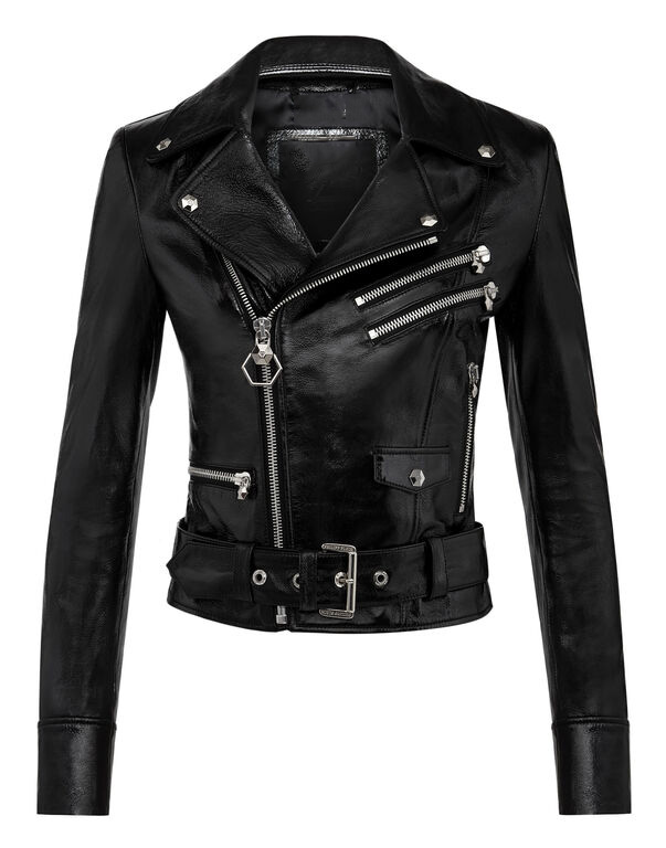 Sleek black leather jacket with multiple silver zippers and buttons, a wide lapel, and a belted waistline, conveying a bold, edgy style. Sleek black leather jacket with multiple silver zippers and buttons, a wide lapel, and a belted waistline, conveying a bold, edgy style.