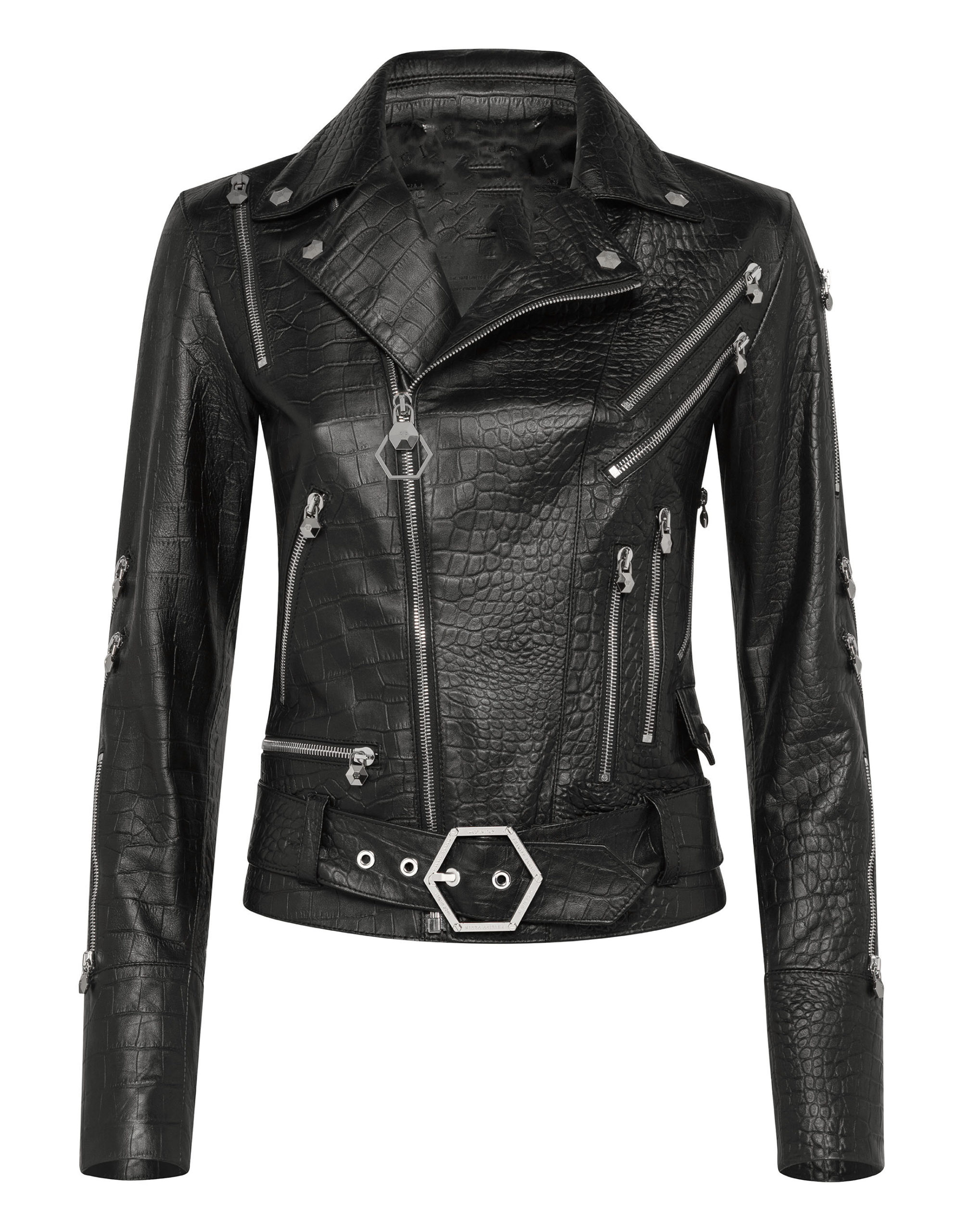Black leather biker jacket with a textured finish, multiple silver zippers, snaps, and an angular belt buckle, exuding a sleek, edgy style. Black leather biker jacket with a textured finish, multiple silver zippers, snaps, and an angular belt buckle, exuding a sleek, edgy style.