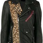 A stylish black leather jacket with leopard print panel on the left front, studded right shoulder, and red zipper pocket, conveying a bold, edgy vibe.