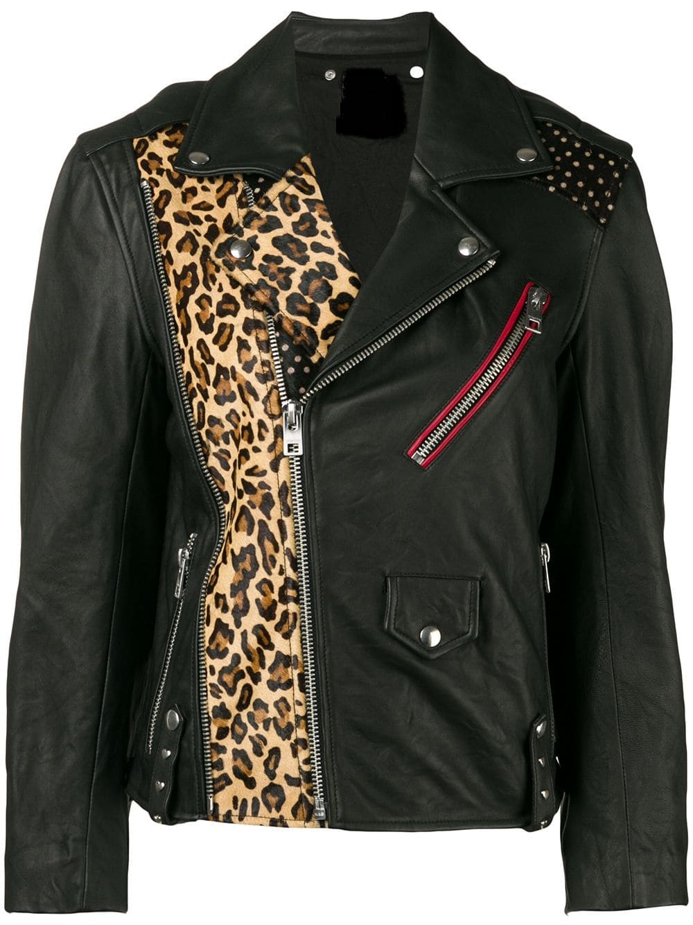 A stylish black leather jacket with leopard print panel on the left front, studded right shoulder, and red zipper pocket, conveying a bold, edgy vibe. A stylish black leather jacket with leopard print panel on the left front, studded right shoulder, and red zipper pocket, conveying a bold, edgy vibe.