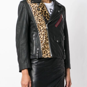 Stylish black leather biker jacket featuring animal print detail, silver studs, and red accent zipper for a rebellious fashion vibe.