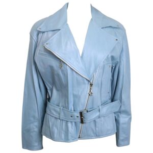 Light blue leather jacket with silver star-shaped zipper pulls and a belt. The jacket has a modern, edgy design with a wide lapel and fitted style.