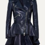 Women's blue leather peplum biker jacket with silver zippers and flared waist for a bold and feminine look.