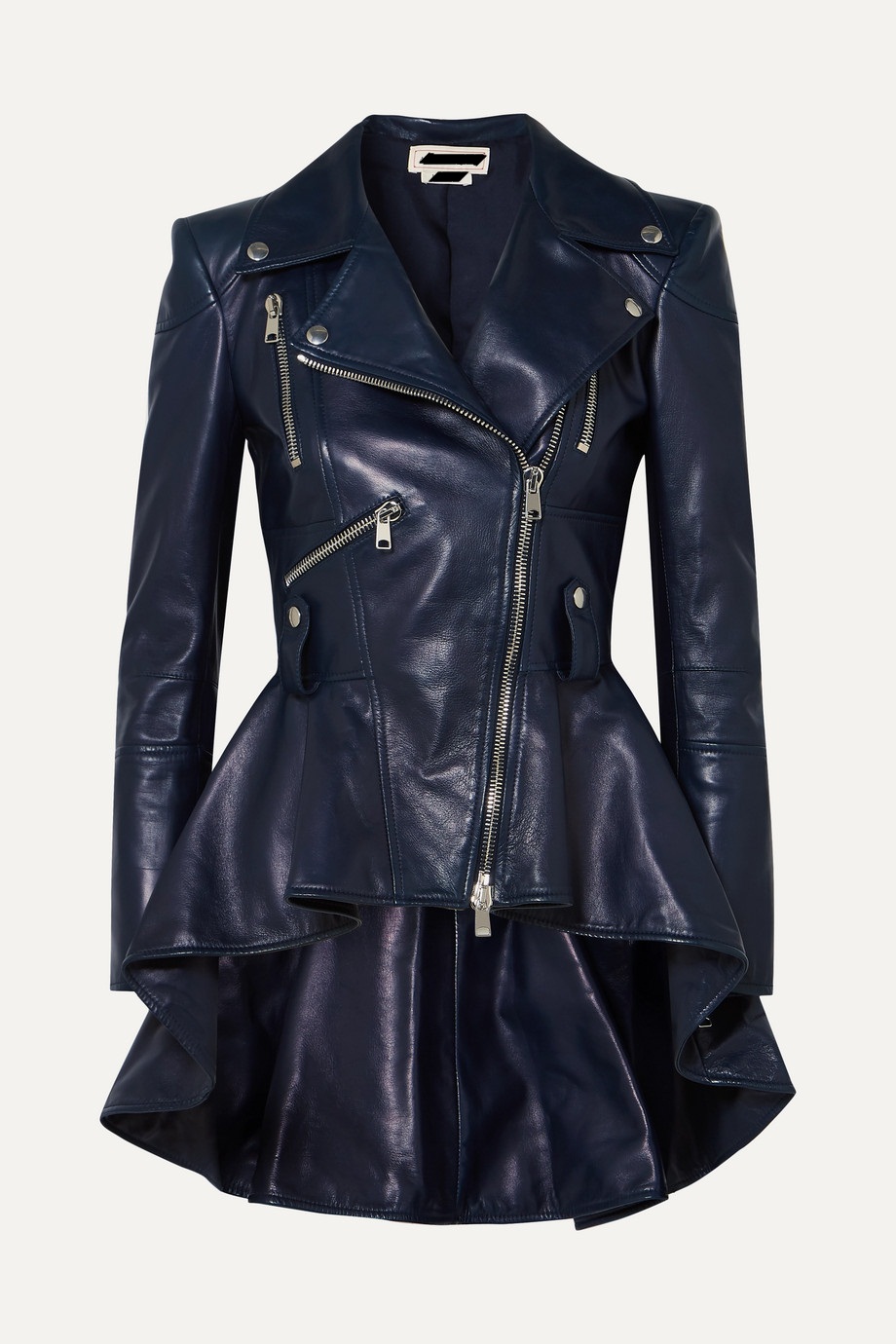 Women's blue leather peplum biker jacket with silver zippers and flared waist for a bold and feminine look. Women's blue leather peplum biker jacket with silver zippers and flared waist for a bold and feminine look.