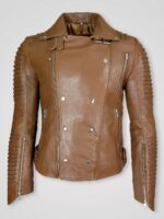 Women's Brown Fur Collar Leather Jacket - Image 4