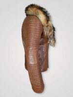 Women's Brown Fur Collar Leather Jacket - Image 3