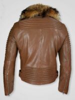 Women's Brown Fur Collar Leather Jacket - Image 2
