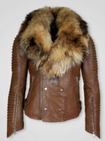 Women's Brown Fur Collar Leather Jacket
