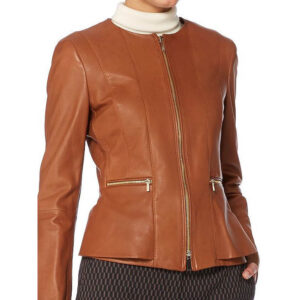 Chic brown leather jacket for women featuring sleek silhouette and fashion-forward cut.