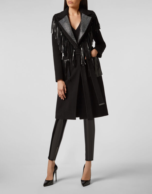 Women's Crystal Black Fringe Leather Coat - Image 2