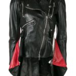 Edgy black fringed moto jacket with a belted waist and bold tassel embellishments for fashion-forward outerwear.