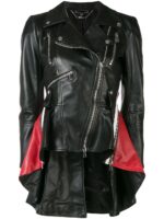 Edgy black fringed moto jacket with a belted waist and bold tassel embellishments for fashion-forward outerwear.
