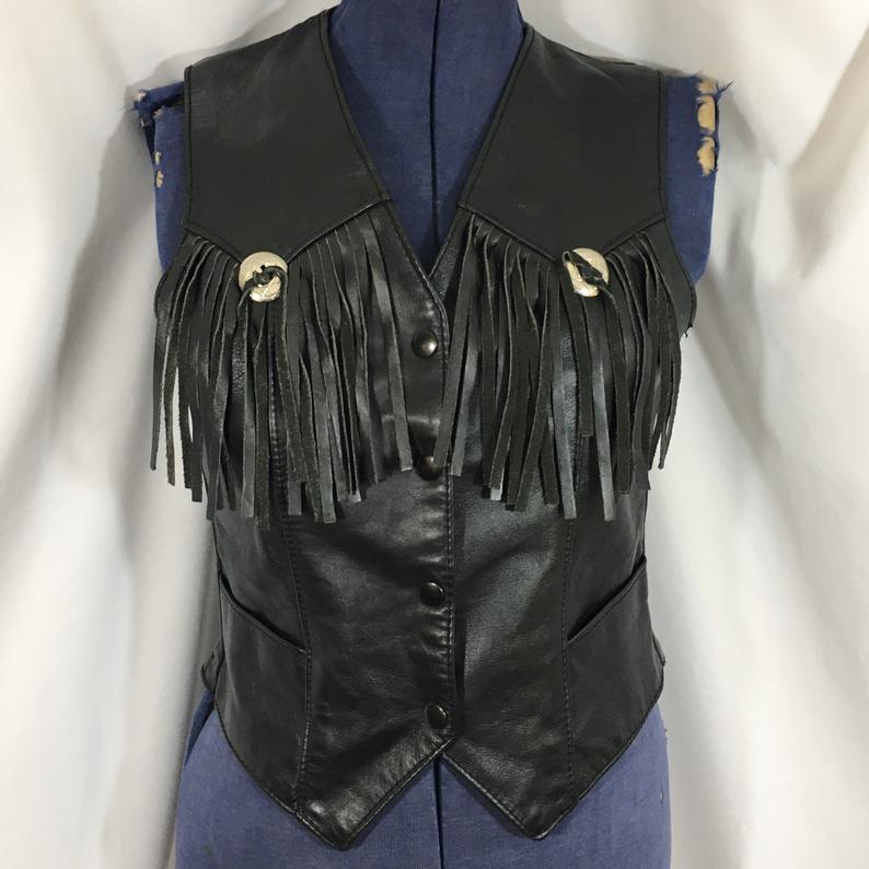 womens-vintage-black-leather-fringed-biker-vest Women's Vintage Black Leather Fringed Biker Vest - Image 1