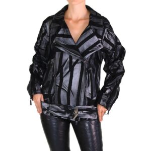 Black and silver abstract-patterned jacket with diagonal lines, asymmetric zipper, and wide belt with metallic buckle for a bold, fashion-forward look.