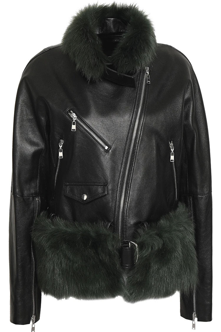 Black leather jacket featuring a dark green faux fur collar and hem, with silver zippers on front and pockets, exuding a bold, edgy style. Black leather jacket featuring a dark green faux fur collar and hem, with silver zippers on front and pockets, exuding a bold, edgy style.