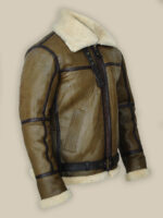 Army Greenish Brown Shearling Leather Jacket - Image 2