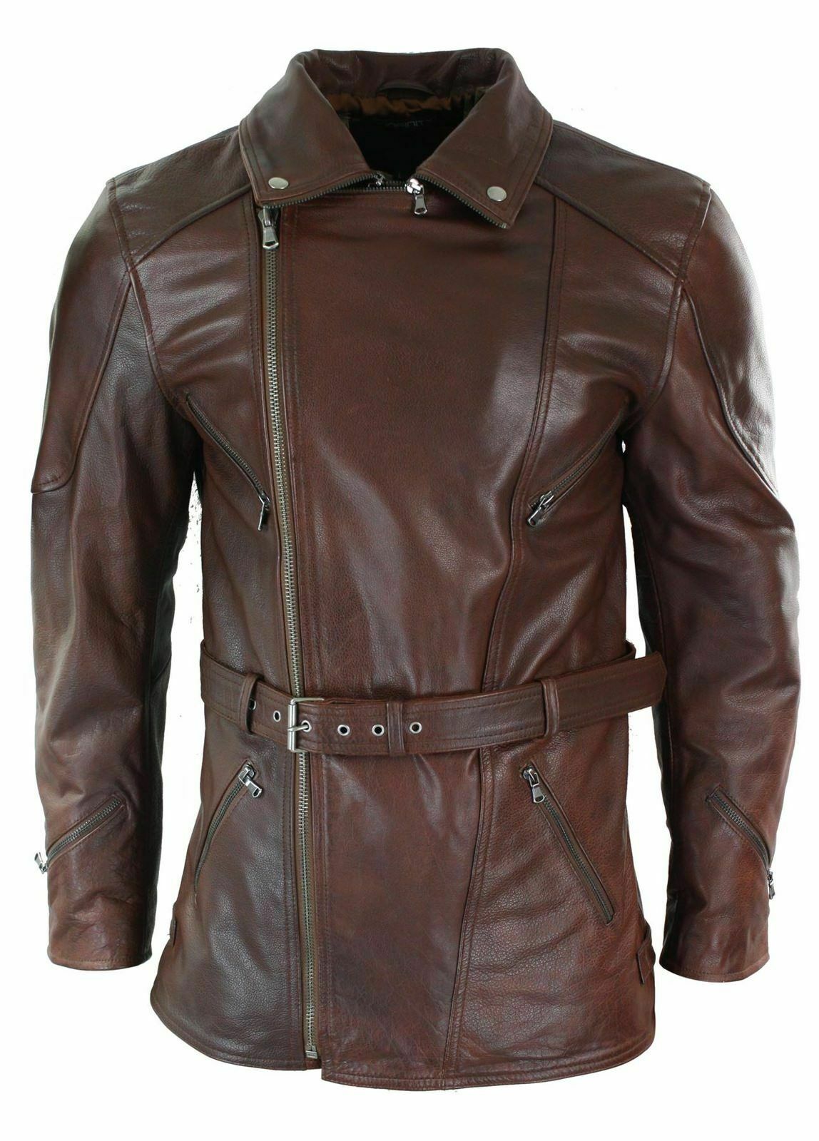 Men Cross Belted Timber Brown Motorcycle Leather Coat Maker of Jacket