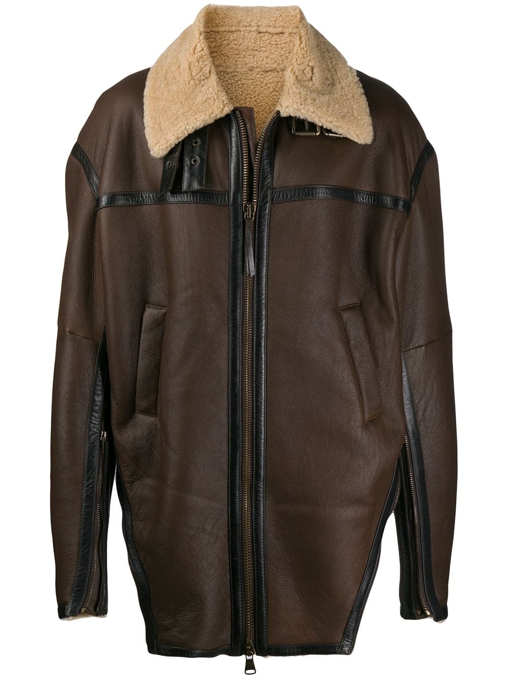 Relaxed fashion look with oversized brown shearling coat, black base outfit, and white sneakers for contrast. Relaxed fashion look with oversized brown shearling coat, black base outfit, and white sneakers for contrast.