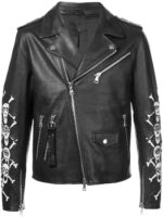 Black leather biker jacket with silver zippers and buttons. Skulls and crossbones design in white on sleeves adds a rebellious, edgy tone.