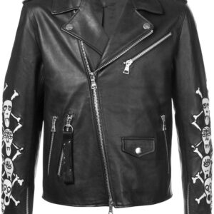 Black leather biker jacket with silver zippers and buttons. Skulls and crossbones design in white on sleeves adds a rebellious, edgy tone.